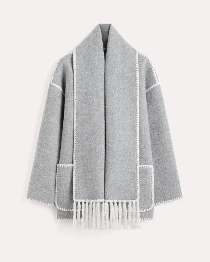 Women's wool button-front stand collar jacket with contrast piping