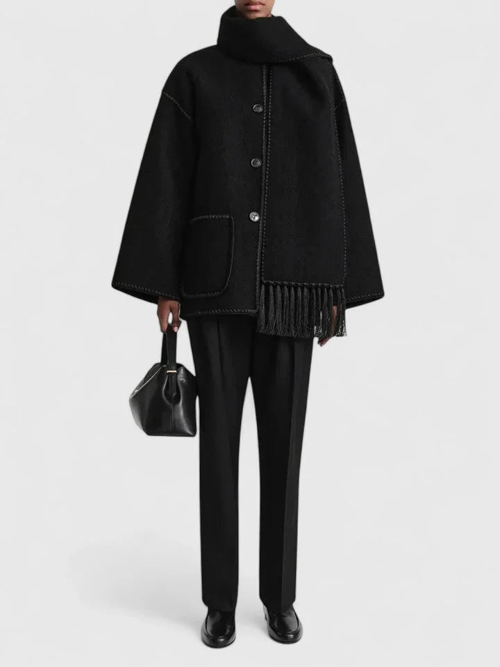 Women's wool button-front stand collar jacket with contrast piping