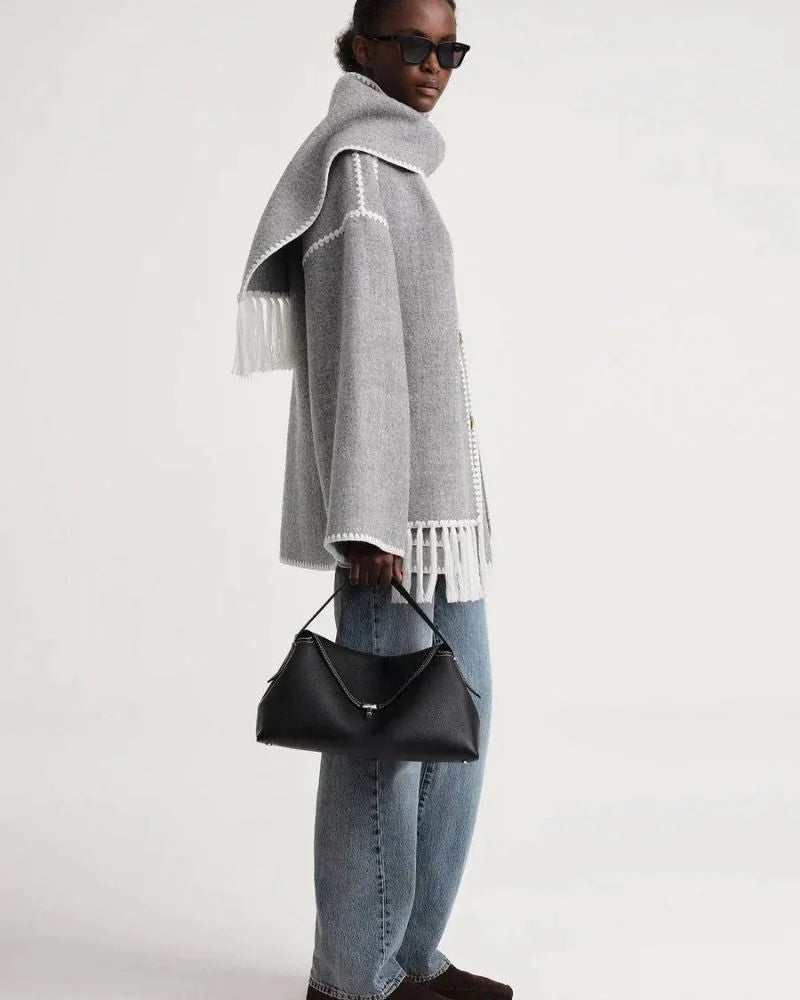 Women's wool button-front stand collar jacket with contrast piping