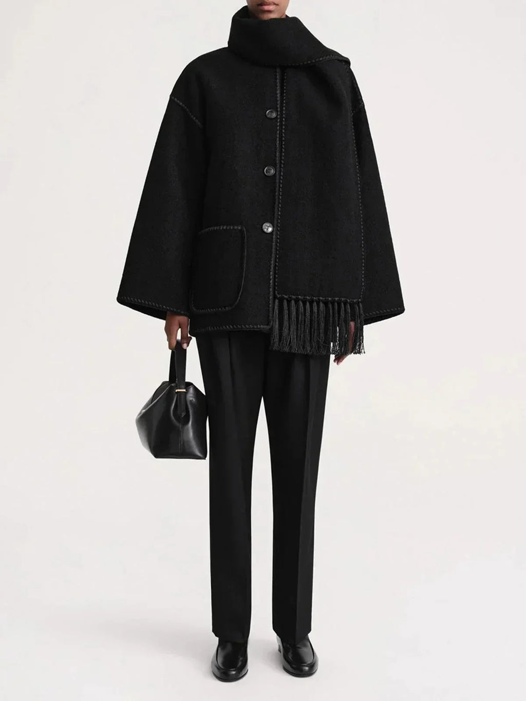Women's wool button-front stand collar jacket with contrast piping