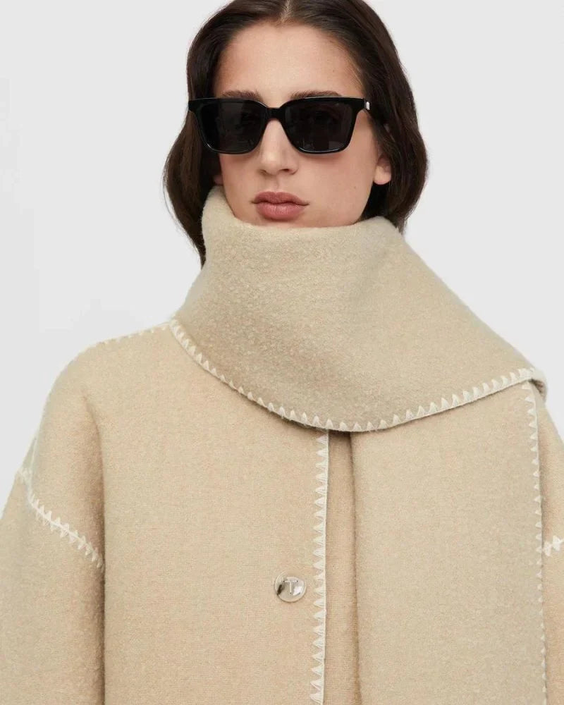 Women's wool button-front stand collar jacket with contrast piping
