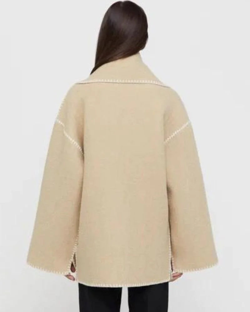 Women's wool button-front stand collar jacket with contrast piping