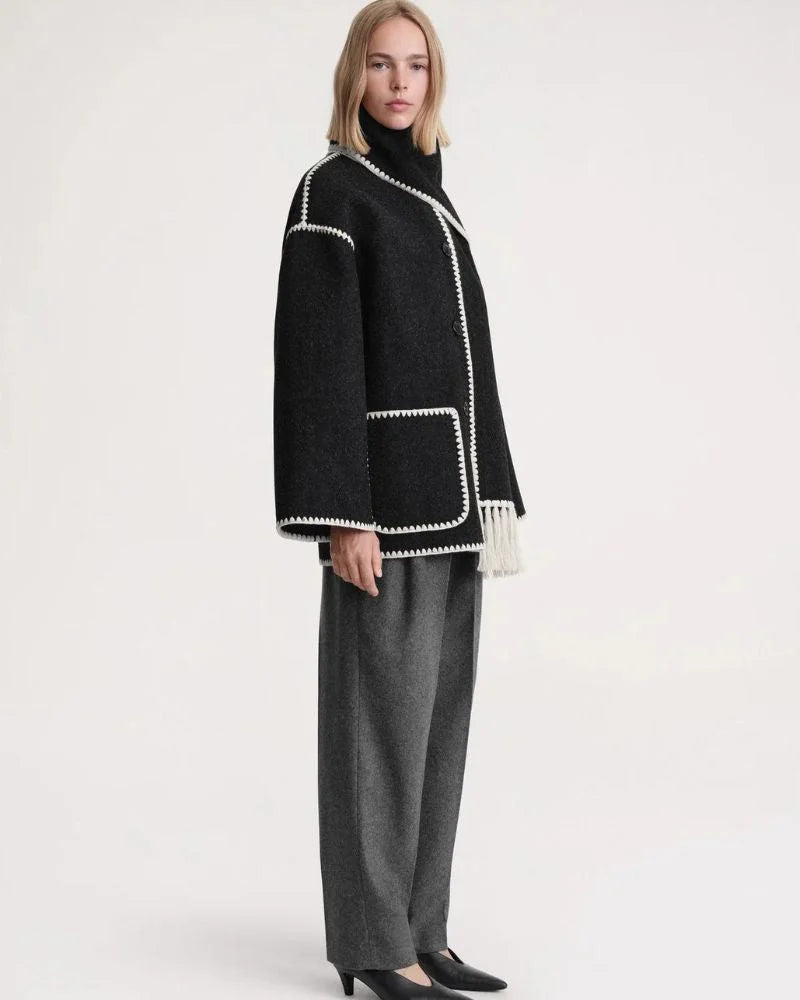 Women's wool button-front stand collar jacket with contrast piping