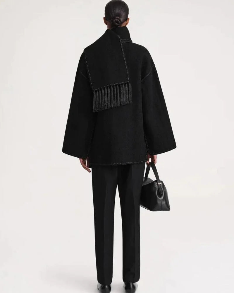 Women's wool button-front stand collar jacket with contrast piping
