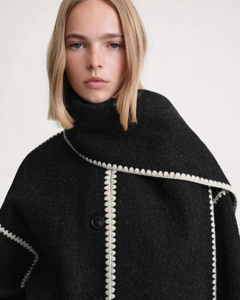 Women's wool button-front stand collar jacket with contrast piping