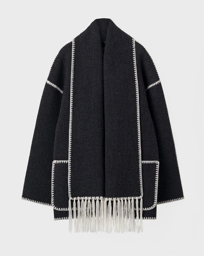 Women's wool button-front stand collar jacket with contrast piping