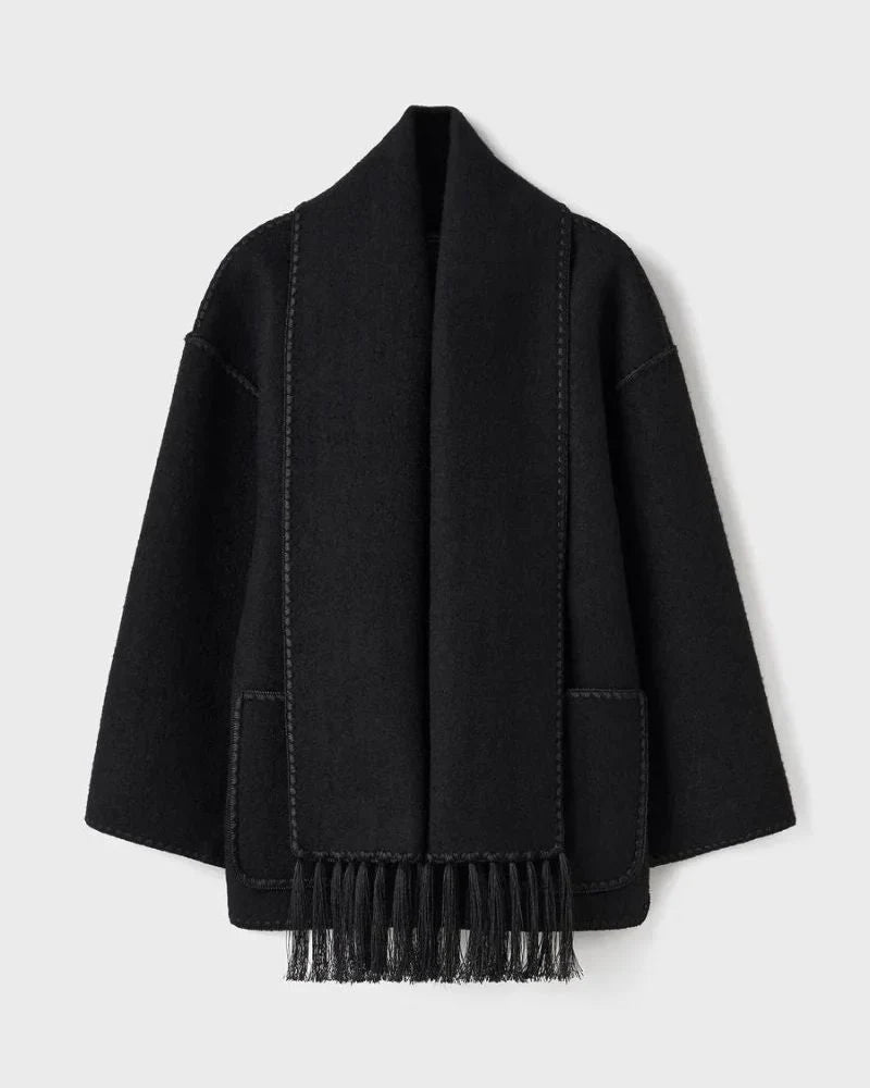 Women's wool button-front stand collar jacket with contrast piping