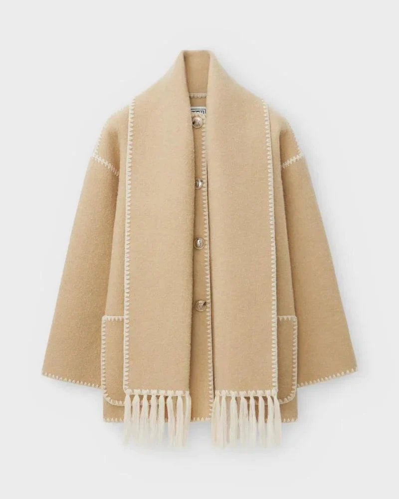 Women's wool button-front stand collar jacket with contrast piping