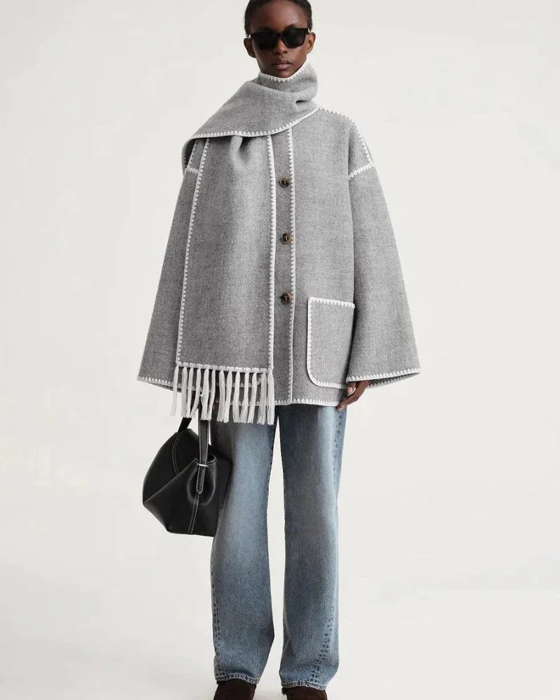 Women's wool button-front stand collar jacket with contrast piping