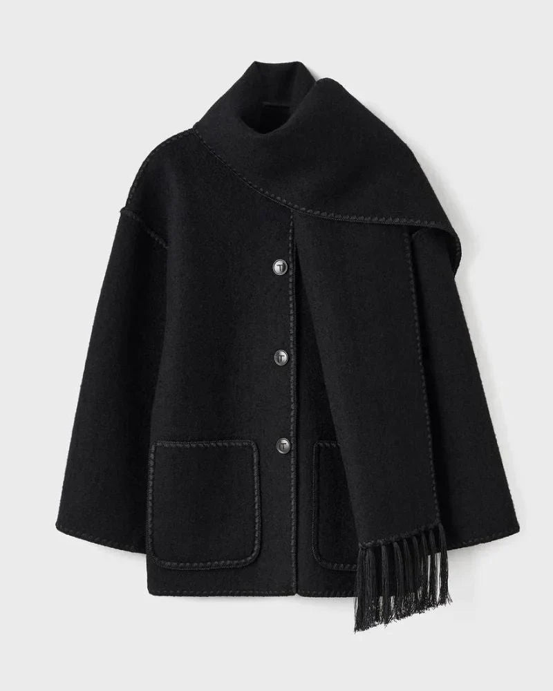 Women's wool button-front stand collar jacket with contrast piping