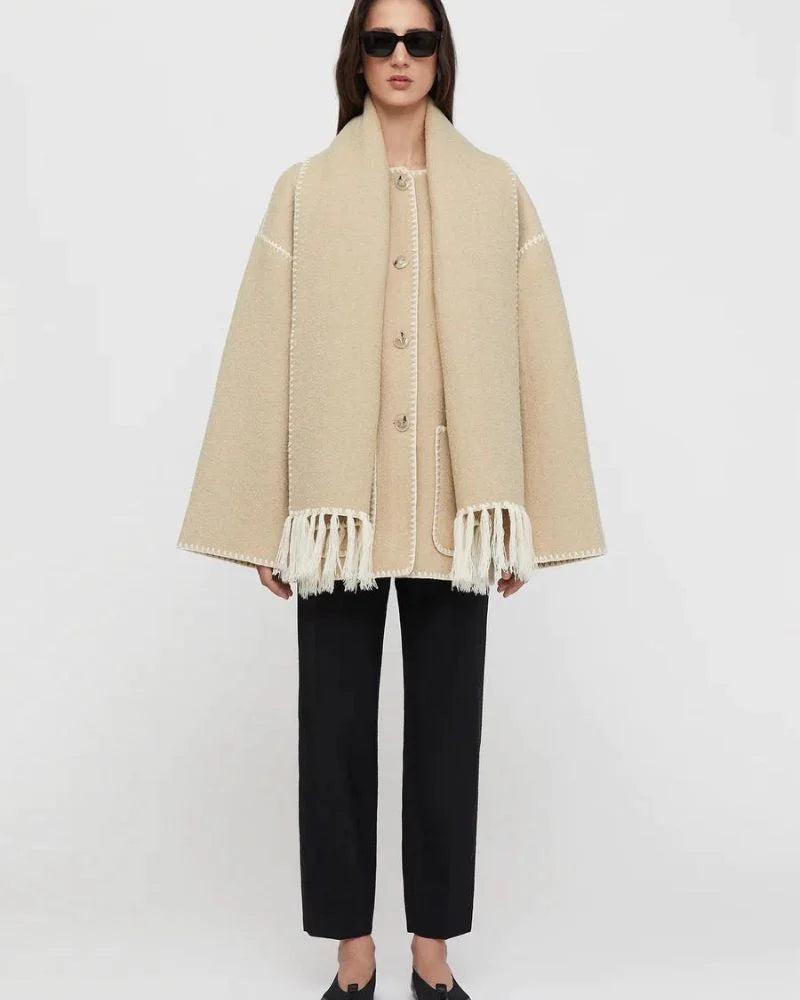 Women's wool button-front stand collar jacket with contrast piping