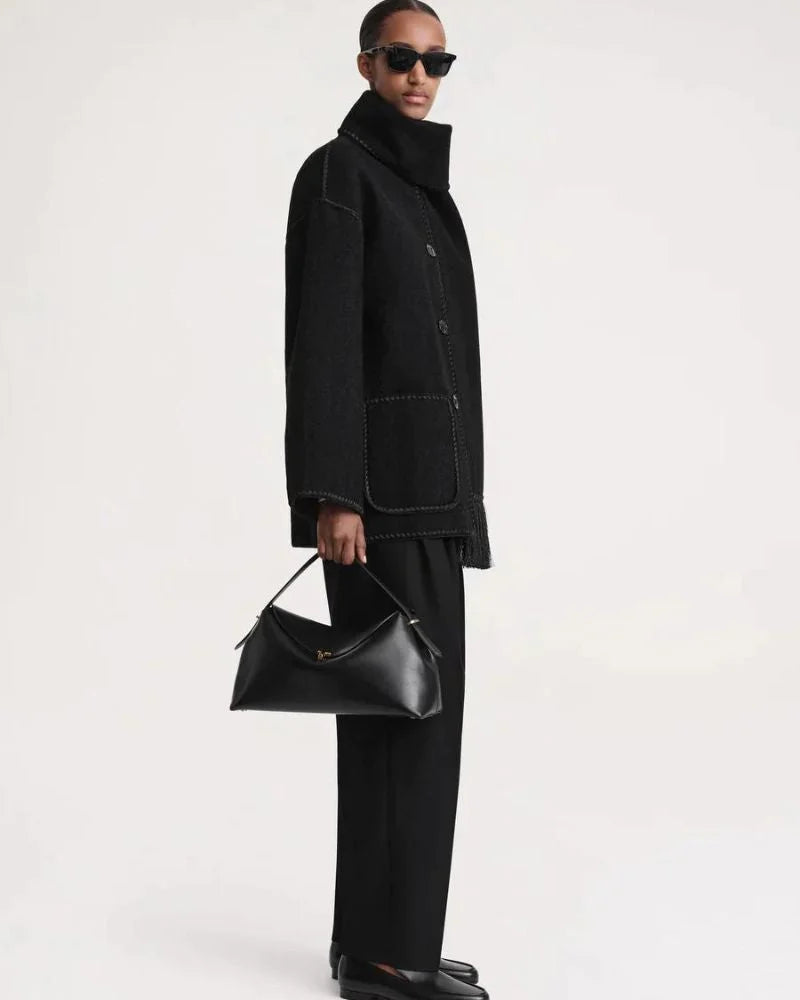 Women's wool button-front stand collar jacket with contrast piping