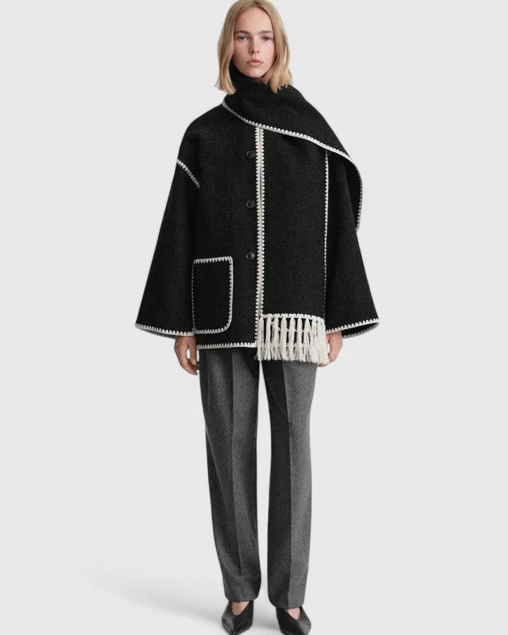 Women's wool button-front stand collar jacket with contrast piping