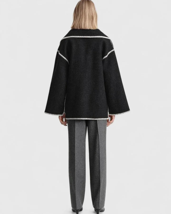 Women's wool button-front stand collar jacket with contrast piping