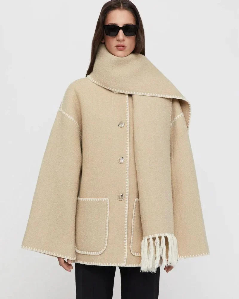 Women's wool button-front stand collar jacket with contrast piping