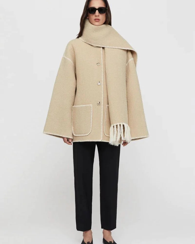 Women's wool button-front stand collar jacket with contrast piping