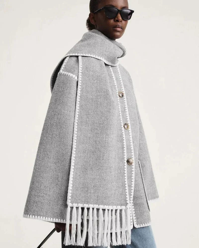 Women's wool button-front stand collar jacket with contrast piping