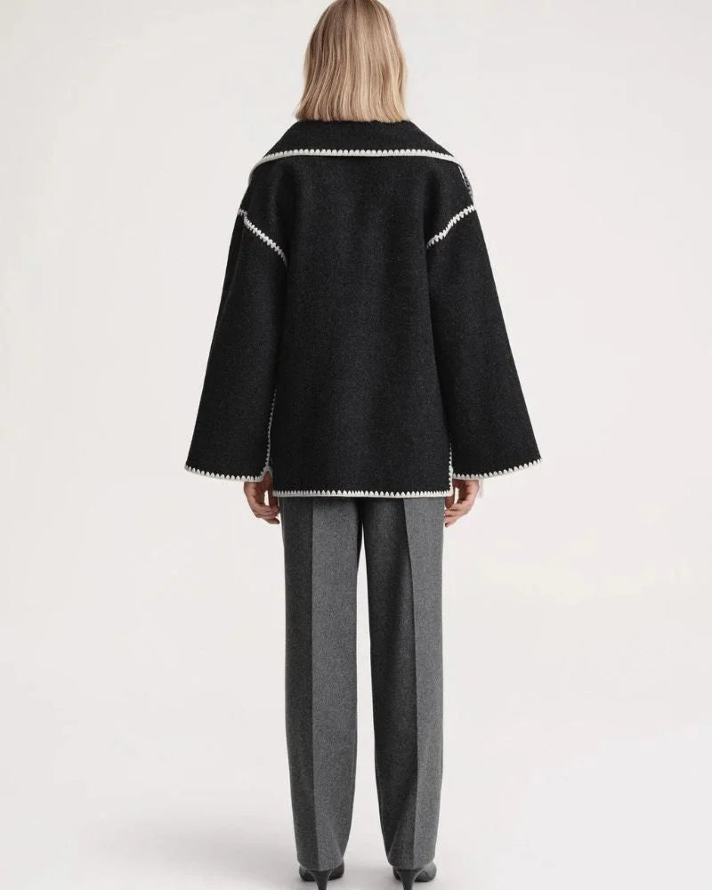 Women's wool button-front stand collar jacket with contrast piping