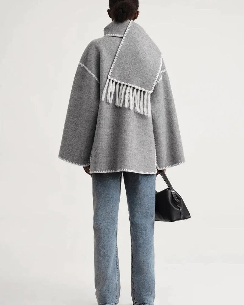 Women's wool button-front stand collar jacket with contrast piping