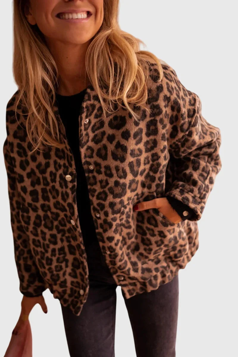 Women's leopard button-front collared jacket