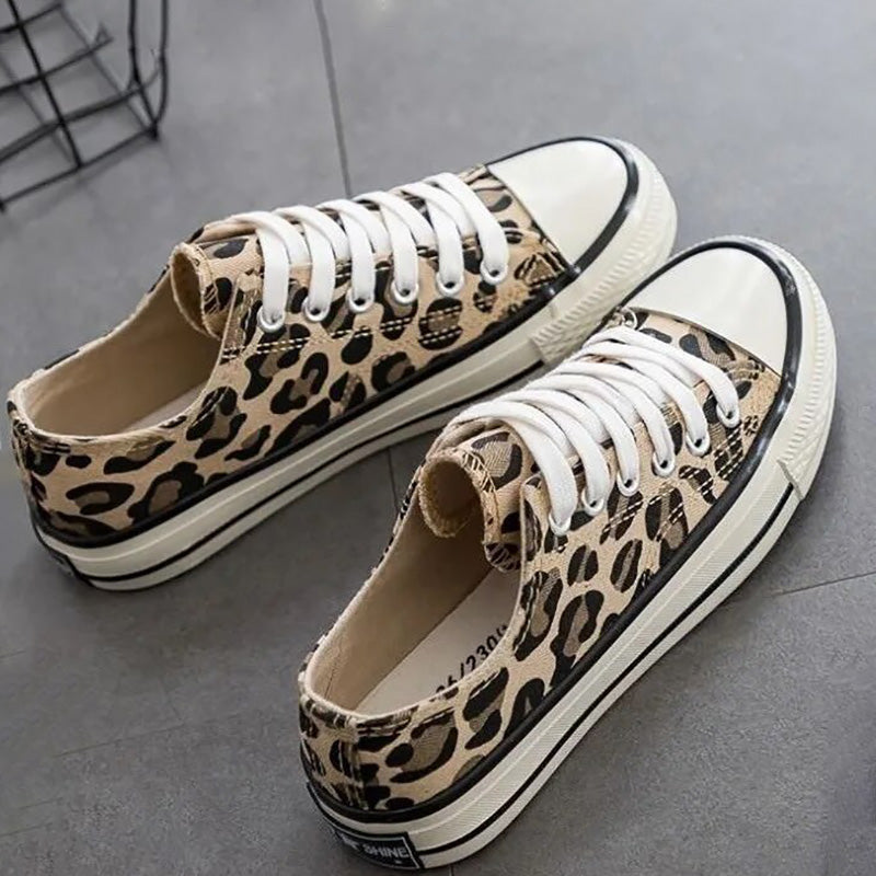 Women's Leopard Print Canvas Sneakers Low-Top Lace-Up
