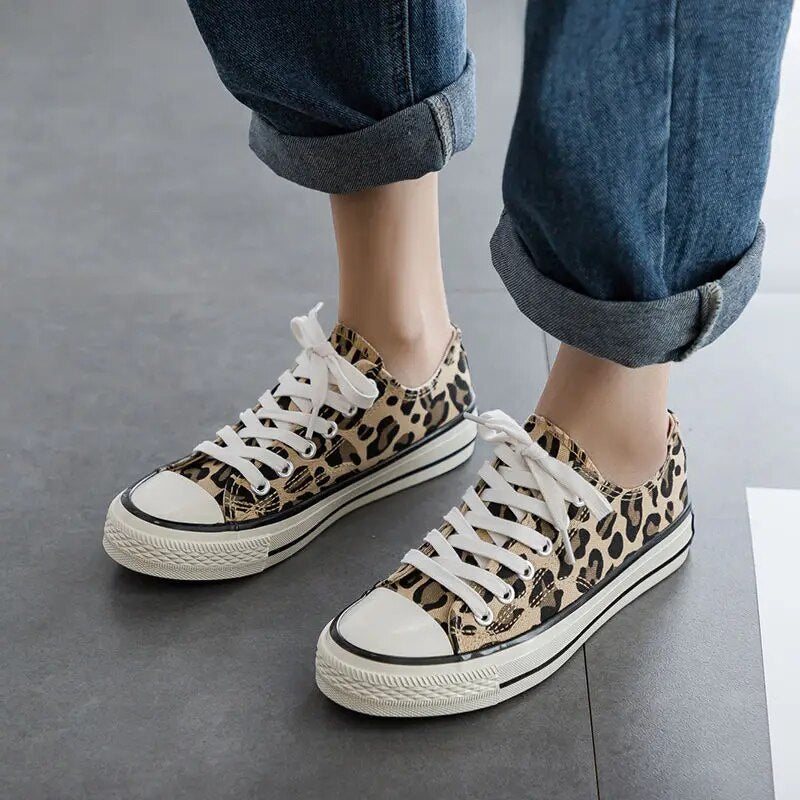 Women's Leopard Print Canvas Sneakers Low-Top Lace-Up