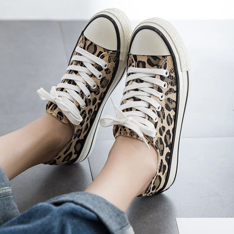 Women's Leopard Print Canvas Sneakers Low-Top Lace-Up