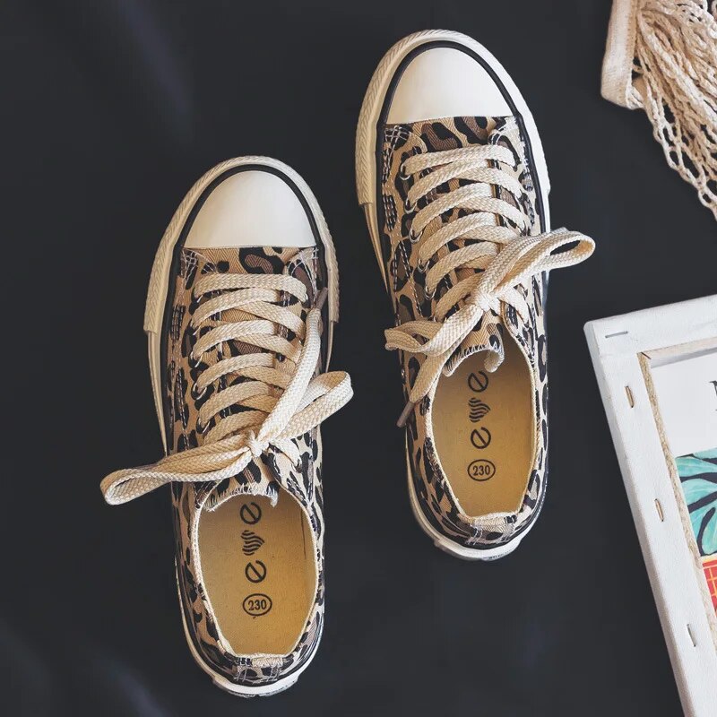 Women's Leopard Print Canvas Sneakers Low-Top Lace-Up