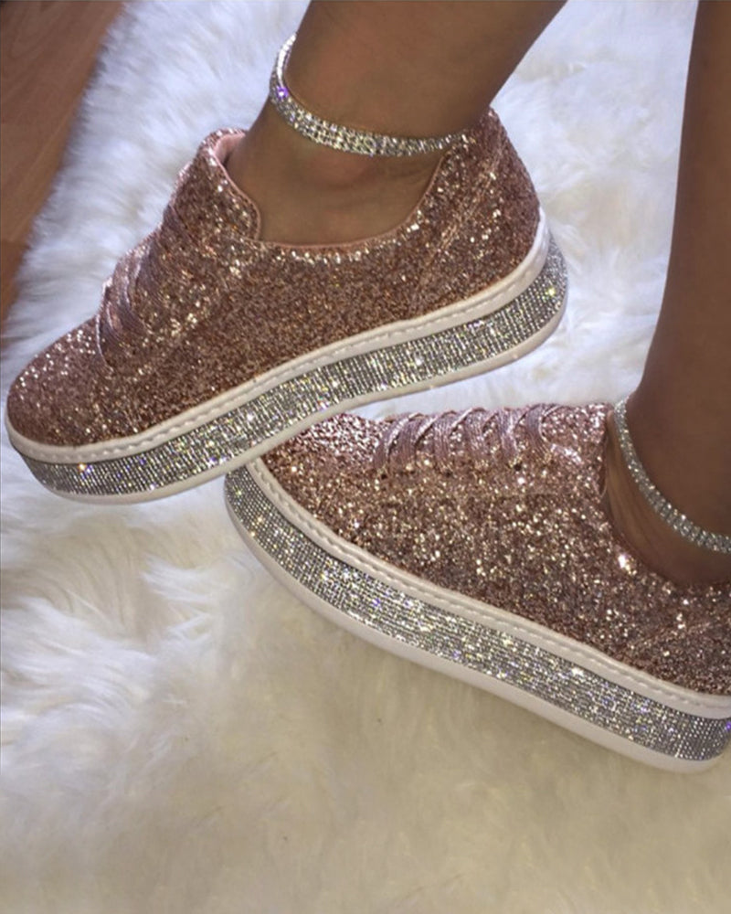 Women's Glitter Platform Sneakers with Rhinestone Sole