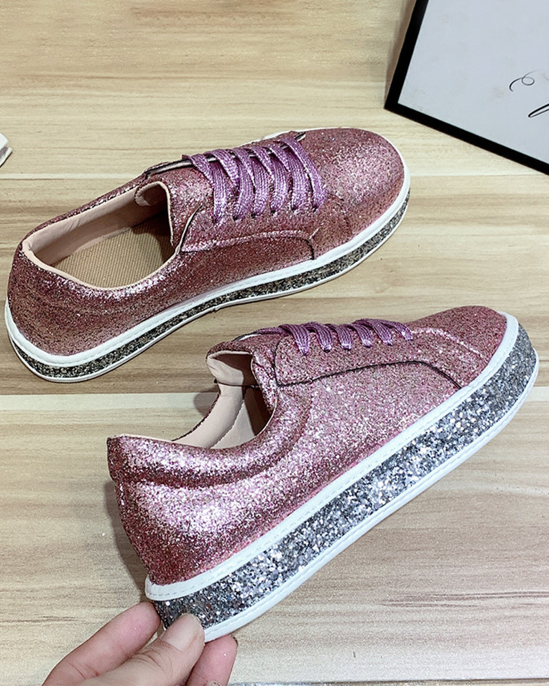 Women's Glitter Platform Sneakers with Rhinestone Sole