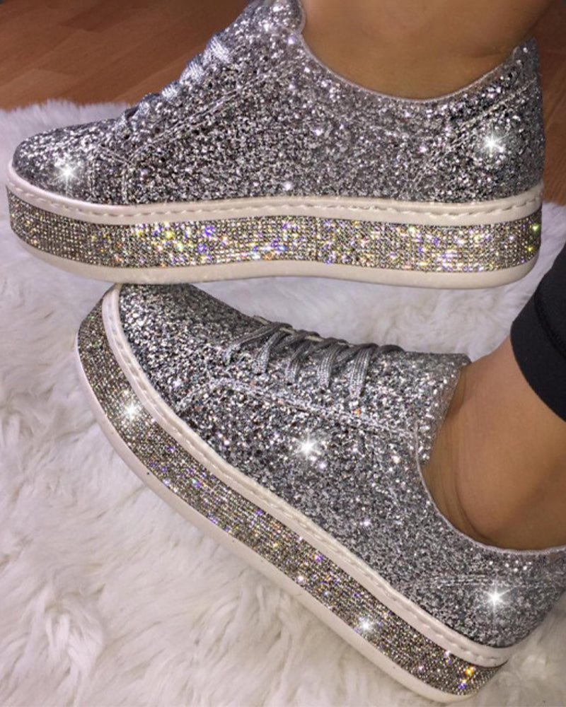 Women's Glitter Platform Sneakers with Rhinestone Sole