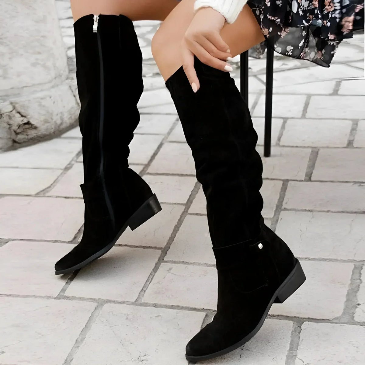 Women's suede side zip knee high boots with slouchy shaft and block heel