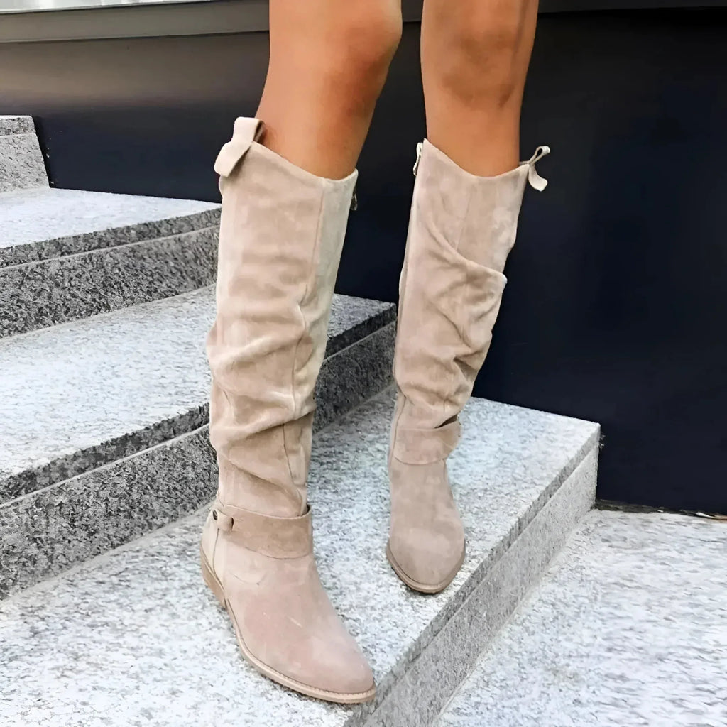 Women's suede side zip knee high boots with slouchy shaft and block heel