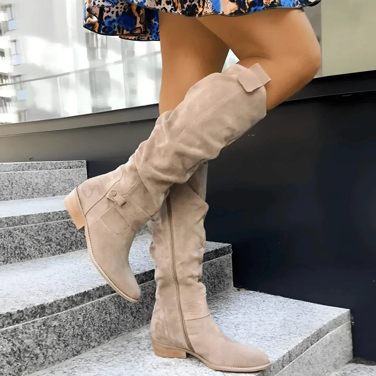 Women's suede side zip knee high boots with slouchy shaft and block heel