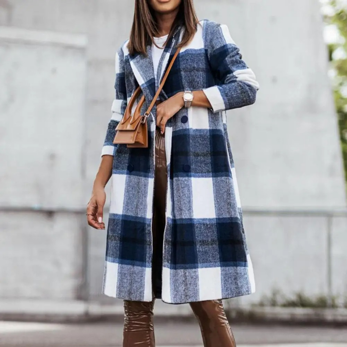 Women's Check Long Coat with Chest Pockets