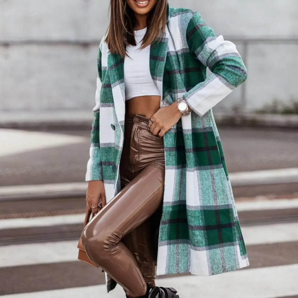 Women's Check Long Coat with Chest Pockets
