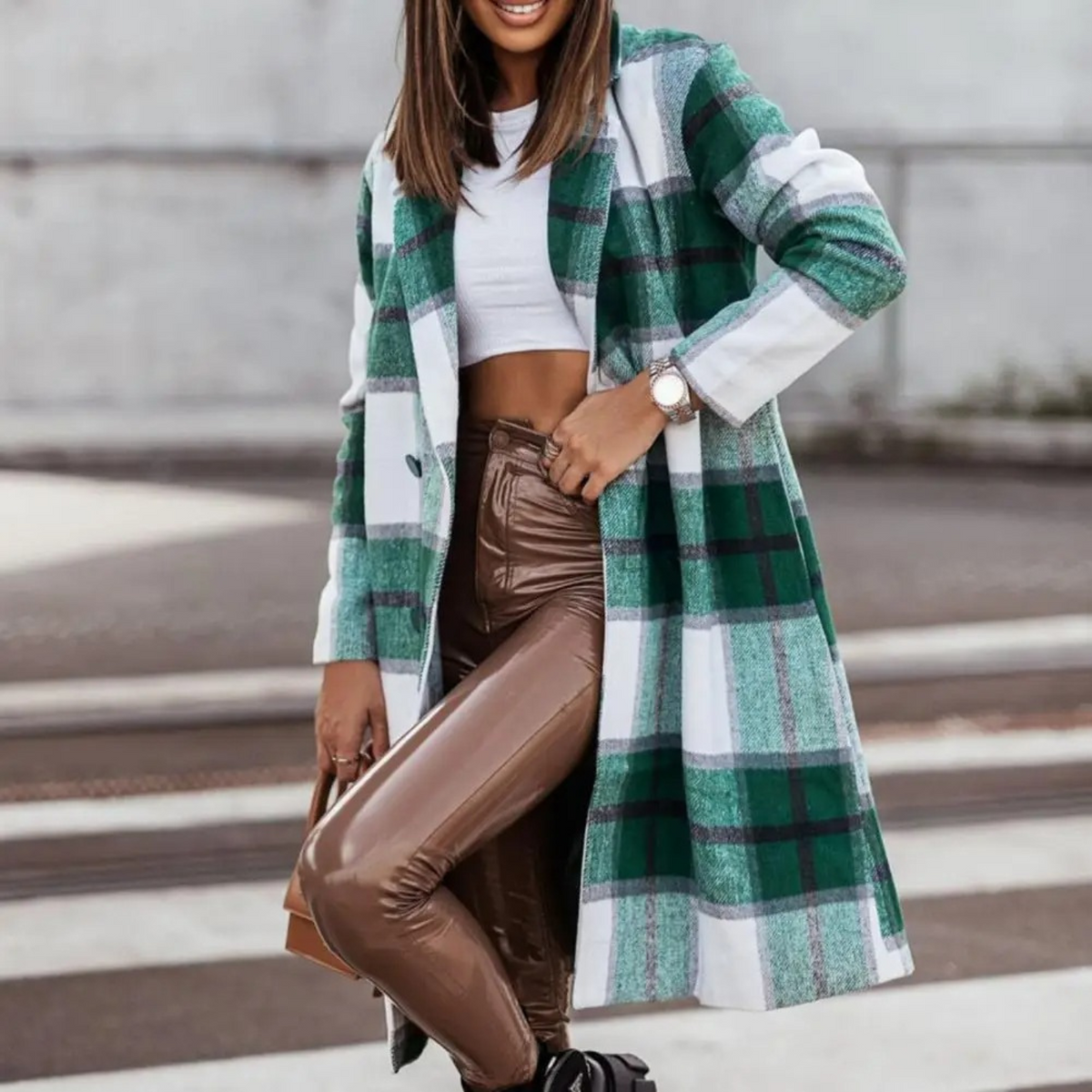 Women's Check Long Coat with Chest Pockets