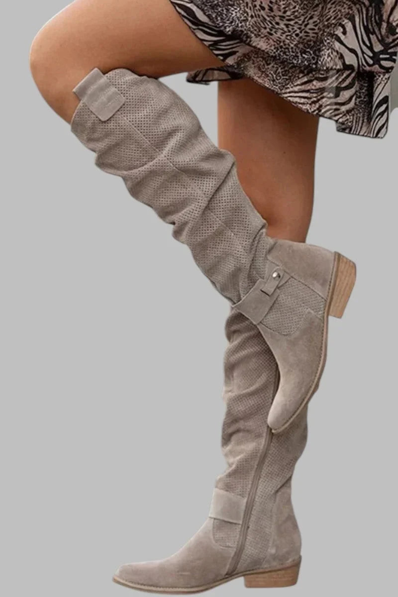 Women's perforated suede side zip knee high boots