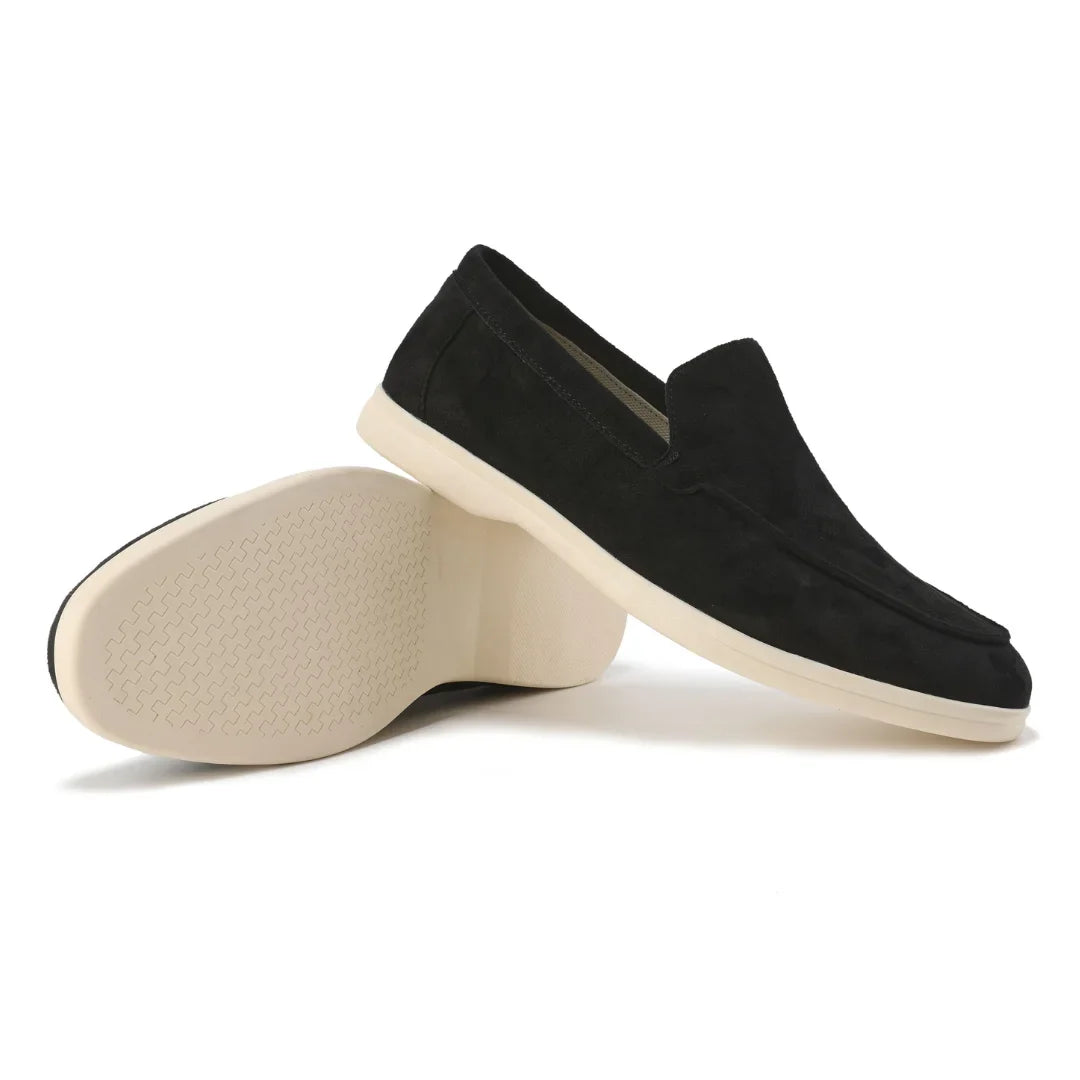 Women's suede loafers with moccasin toe stitching