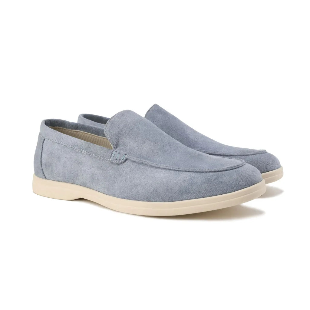 Women's suede loafers with moccasin toe stitching