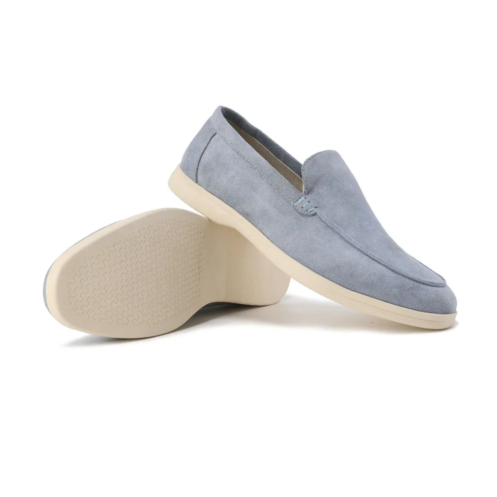 Women's suede loafers with moccasin toe stitching