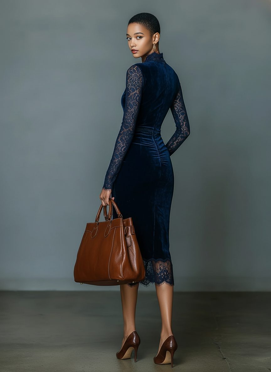 Suzette | Velvet Midi Cocktail Dress with Lace Trim for Women