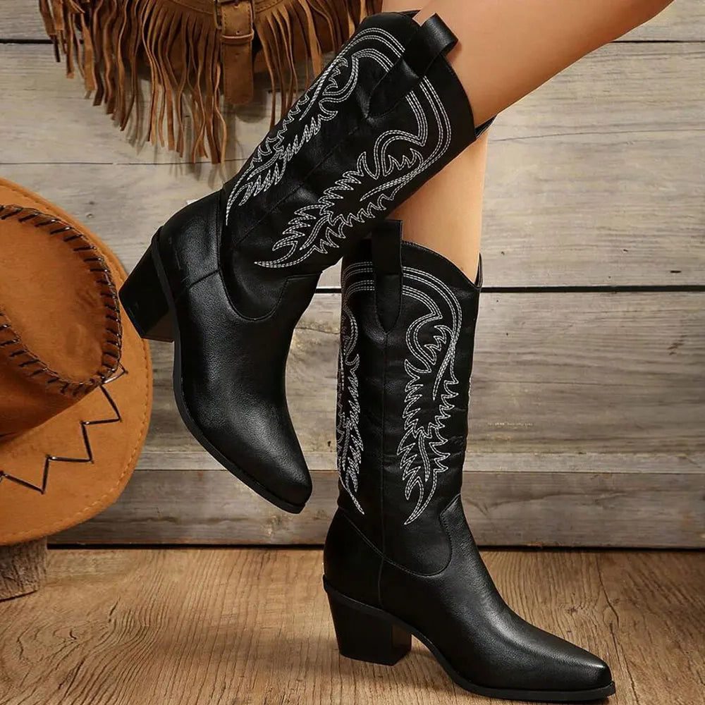Tahirah | Embroidered Block Heel Cowgirl Boots with Pointed Toe for Women