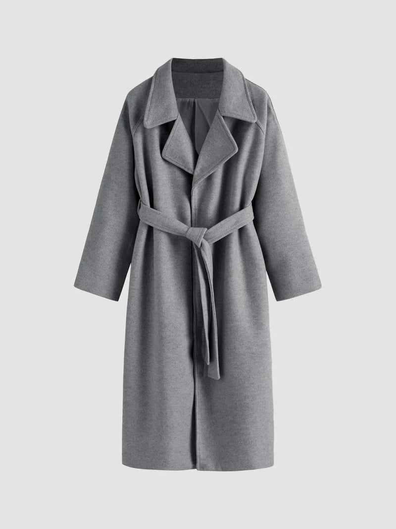 Women's Long Wrap Coat, Wide Lapels, Tie Belt, Long Sleeves