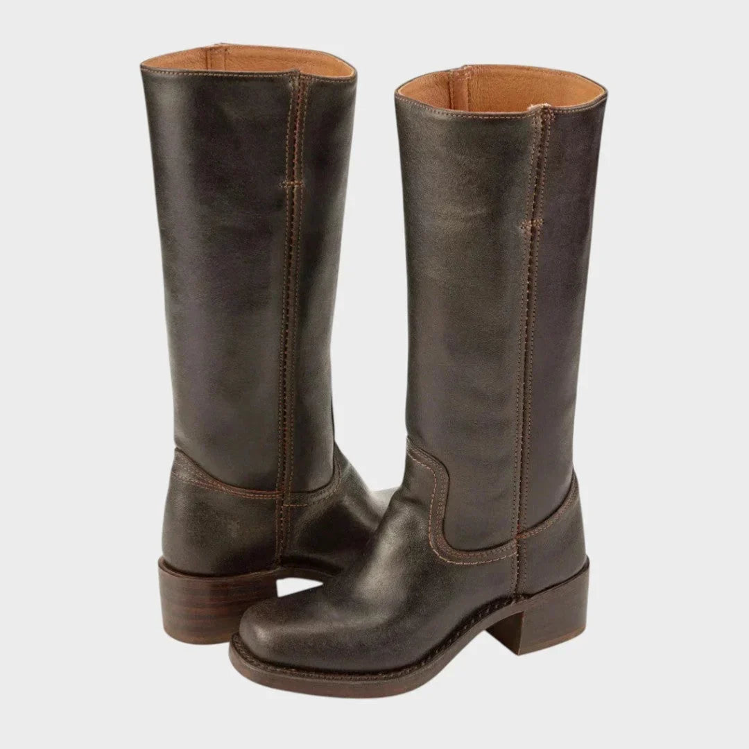 Women's faux leather knee high boots with stacked block heel
