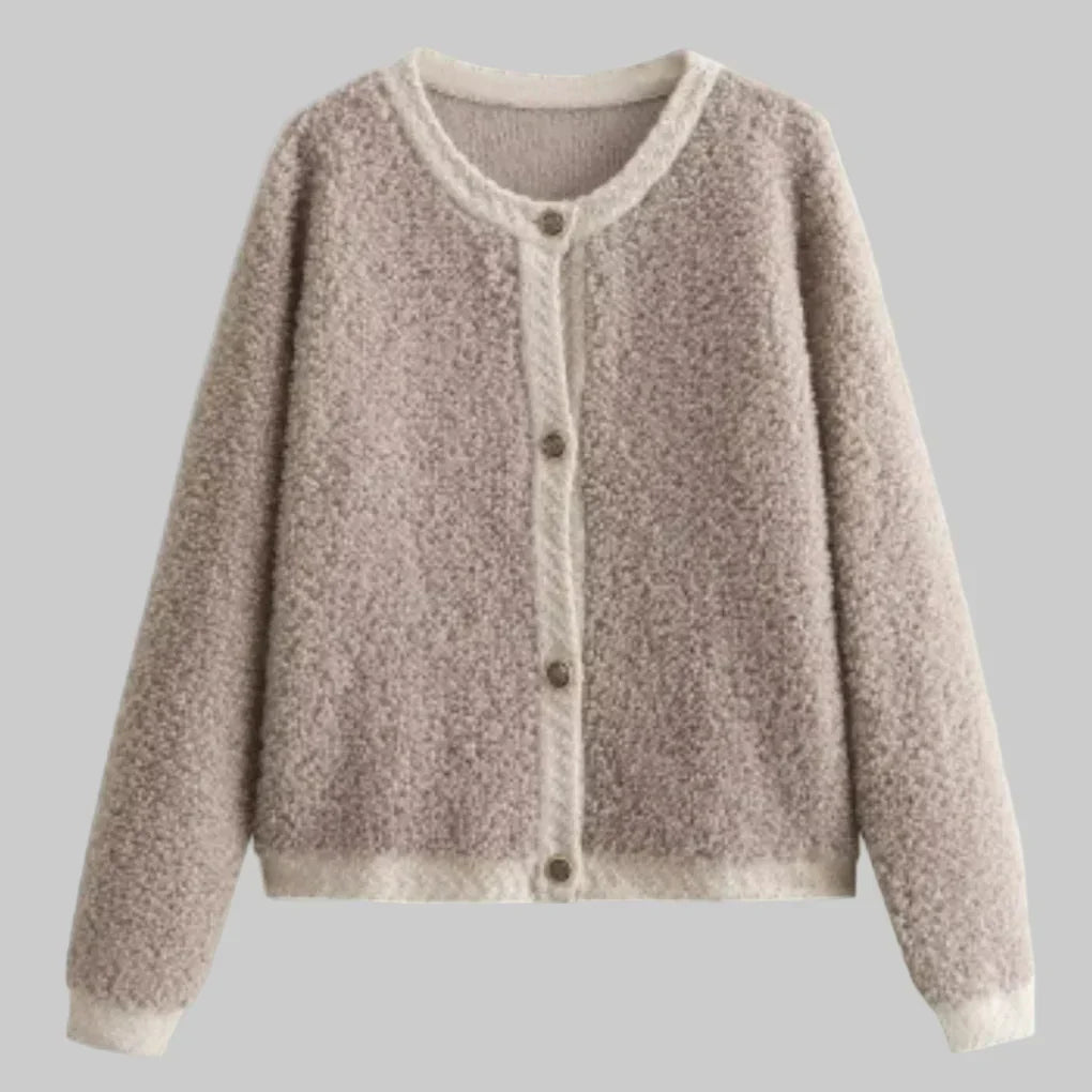 Women's Textured Teddy Button Cardigan with Ribbed Trim