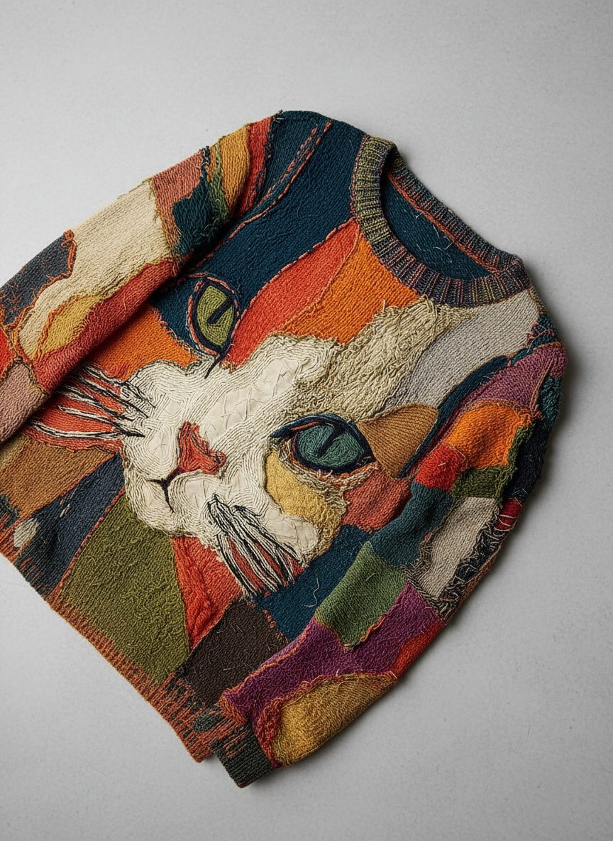 Teagan | Chunky Knit Colorblock Sweater with Cat Artwork for Women