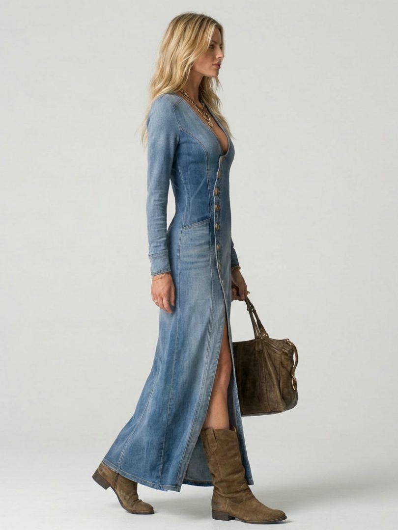 Tegan | Denim Maxi Dress with Long Sleeves and Button-Front for Women