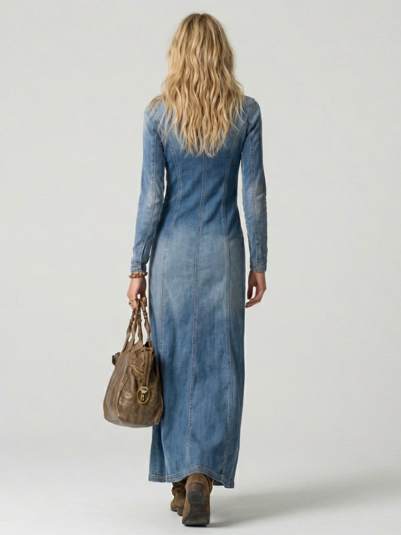 Tegan | Denim Maxi Dress with Long Sleeves and Button-Front for Women