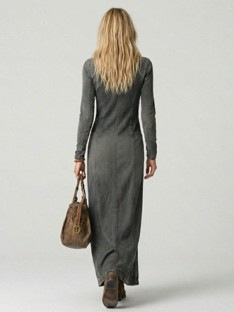 Tegan | Denim Maxi Dress with Long Sleeves and Button-Front for Women